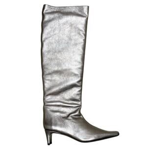 STAUD Metallic Silver Knee-High Pointed-Toe Heeled Boots